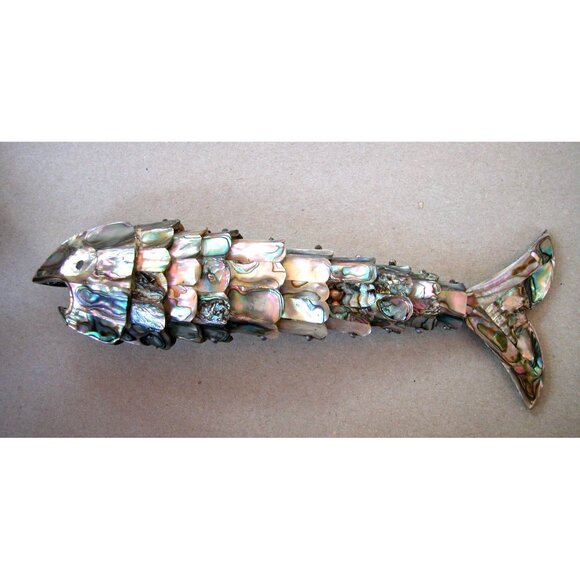 RARE MEX Whimsical Silverplate Abalone Articulated Fish Motif Bottle Opener 8" - Picture 1 of 5